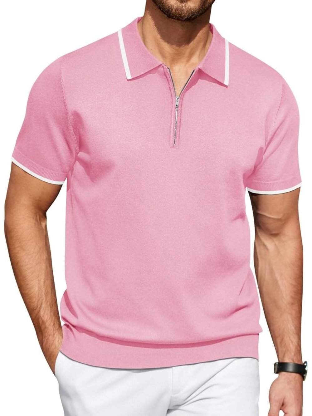 Men's   Bright Pink Zipper Polo Shirt Casual Knit Short Sleeve Classic Fit Tee S